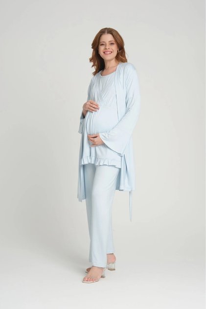 New Season Blue Maternity Summer Design 100% Cotton Double-Breasted Short Sleeve Dressing Gown Pajama Set