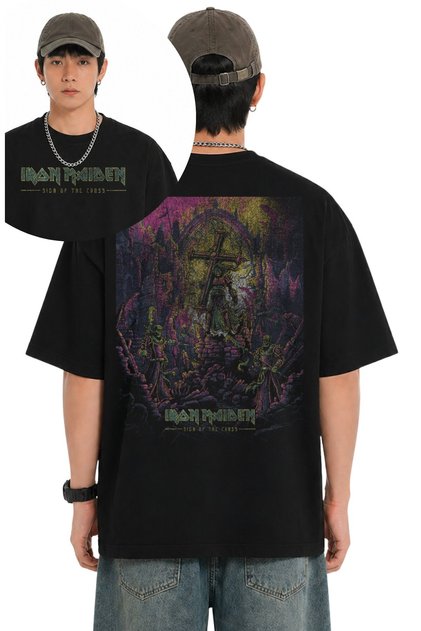 Unisex Iron Maiden Sign of the Cross Back Printed T-Shirt, Oversize Rock Band Themed Tshirt
