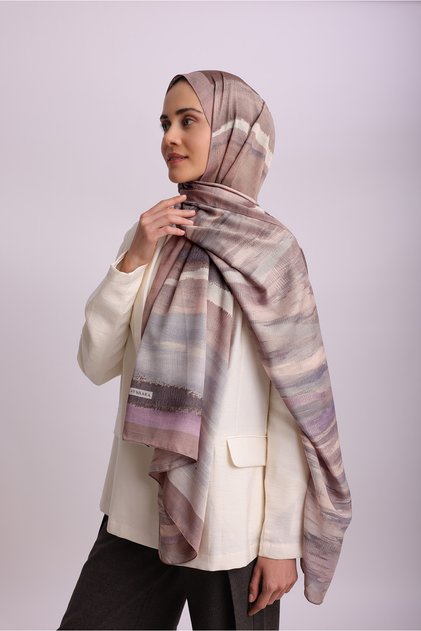 Nil Watercolor Patterned Double-Sided Shawl - Stone Brown Lilac