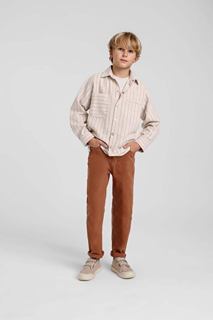Jacklions Boys' 4-14 Years Old Cotton Raw Linen Striped Shirt Beige