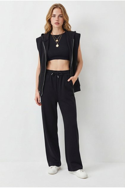 Women's Black Modal Wide Leg Sweatpants with Pockets Eşf-00000087