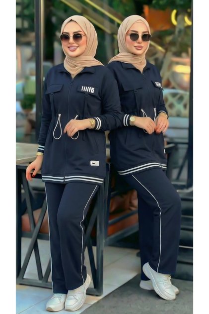 Women's Black Modest Tracksuit Set - Zippered and Embellished Islamic Sports Suit