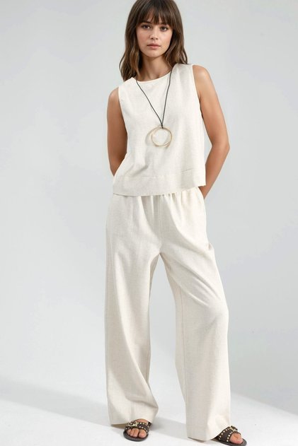 Sleeveless Blouse & Pocketed Trousers Linen Set