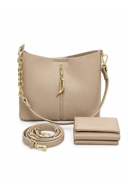 Mink Gold Detailed Long Strap Women's Shoulder Bag Wallet Set