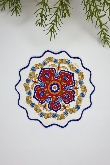 Ethnic Red and Blue Tile Pattern Embroidery Edge Cocktail Napkin 1 Piece