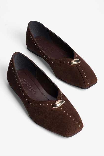 Women's Suede Ballerinas with Gold Detail and Staple Accessories, Casual and Stylish, Avelis Brown