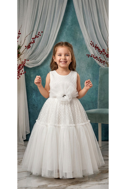 Girl's White Polka Dot Tulle Evening Dress - Birthday Wedding Holiday Wear
