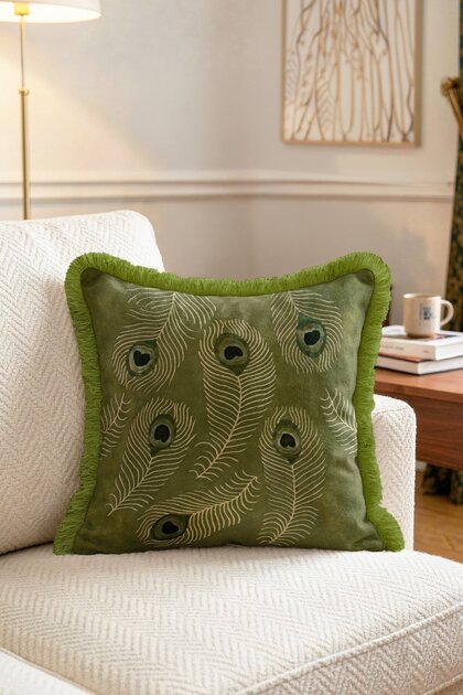 Peacock Feather Embroidery Patterned Throw Pillow Cover - Khaki Tassel Bohemian Decorative Cover