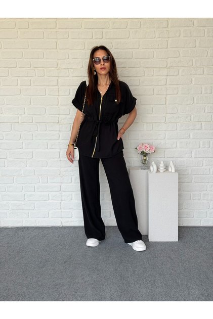 Short Sleeve Gathered Zippered Tensel Set
