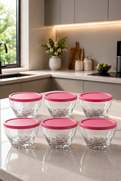 6’lı Puding Kasesi Seti Pembe Kapaklı Cam Tatlı ve Muhallebi Kasesi 280 cc