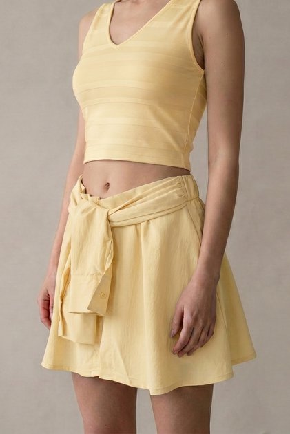 Short Skirt Women's Skirt with Shorts Mini Shirt Skirt with Side Zipper Yellow Fabric with Tie-Back Skirt Look