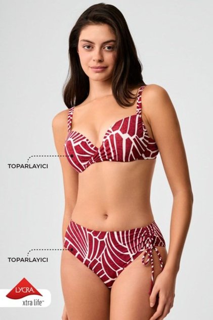 Women's Burgundy Patterned Removable Padded Wire Covered Gathering Bikini Set