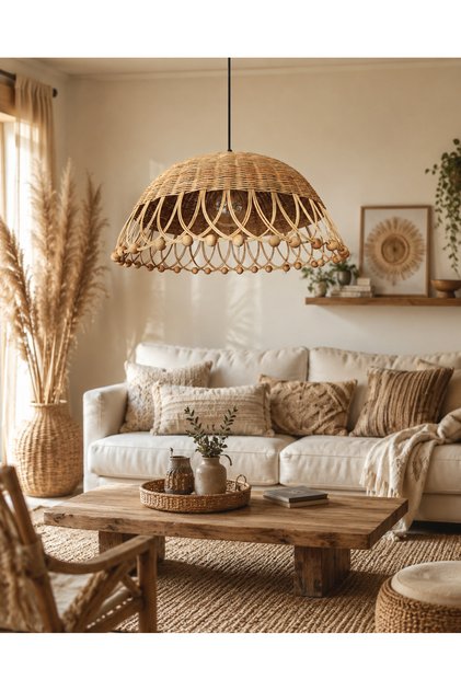 Rattan Bambu Hasır Makrome Sarkıt Avize 50 cm