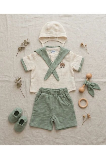 Baby Boy Teddy Bear Printed Scarf 3-Piece Set
