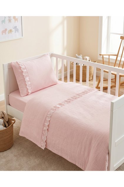 Fistolu Müslin Nevresim Takımı 100x150 cm Lastikli Çarşafı 70x120 Bebek Çocuk Yatağı Ekru Beyaz Pembe