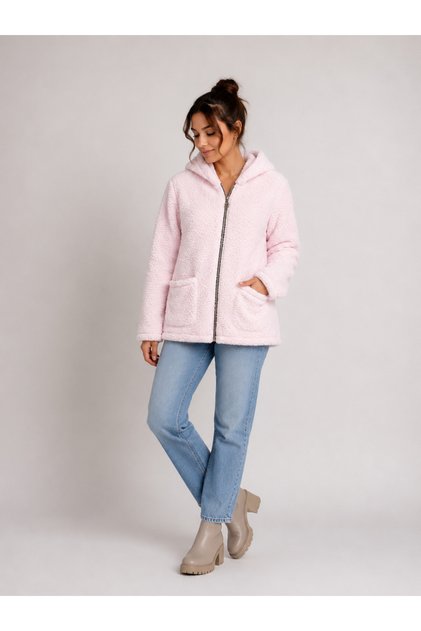 Pink Women's Hooded Zippered Fluffy Plush Jacket