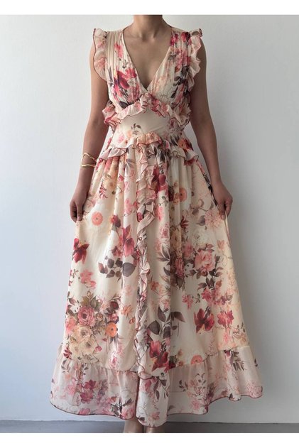 Çiçek Desenli Frilly Midi Elbise