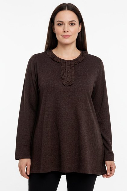 Women's Brown Ruffle Collar Long Sleeve Combed Cotton Blouse