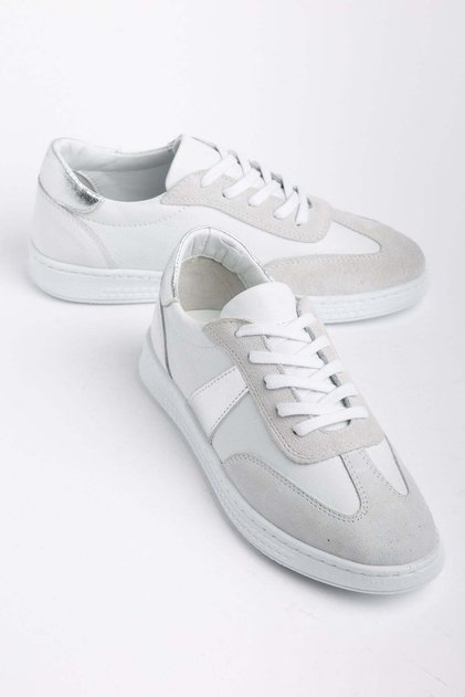 Genuine Leather Women's Casual Sports Shoes with White Side Shiny Stripes and Poly Sole