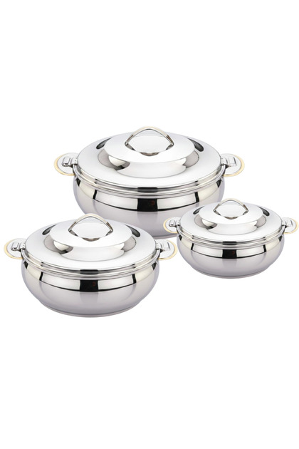 Marwa Stainless Steel Hotpot 3-Piece Set- 2.5L/3.5L/5L | Double Wall Insulated Casserole Set | Steel Finish