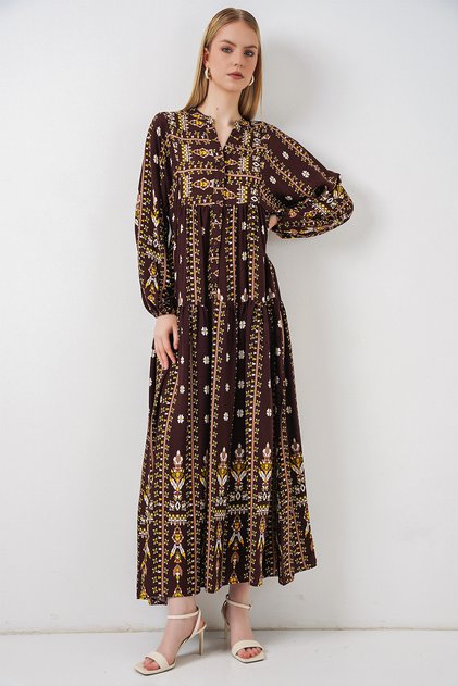 Women's Patterned Long Hijab Dress 1155 - Plain Brown