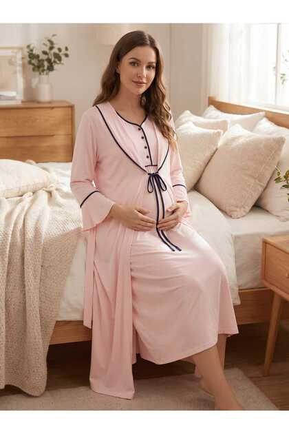 New Season Pink Flounce Sleeves Ribbed Summer Short Sleeve Special Design Full Length 100% Cotton Maternity Dressing Gown Nightgown Set