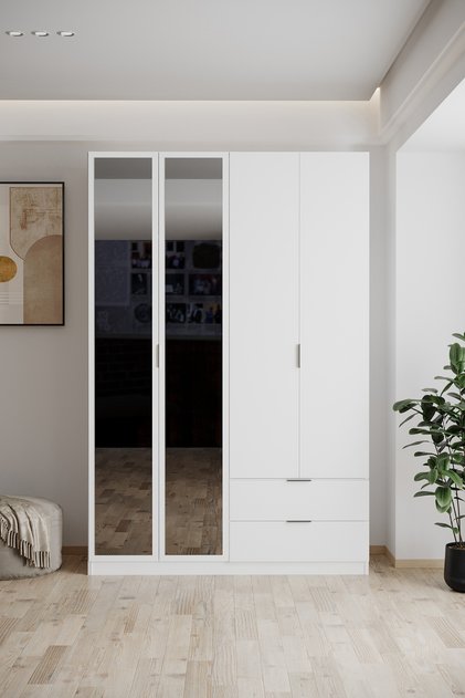 Yakut Aynalı 4 Kapaklı 2 Çekmeceli Gardırop 210 cm Beyaz