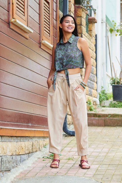 Lace-Up Waist Pocketed Loose Fit Women's Authentic Shalwar Trousers