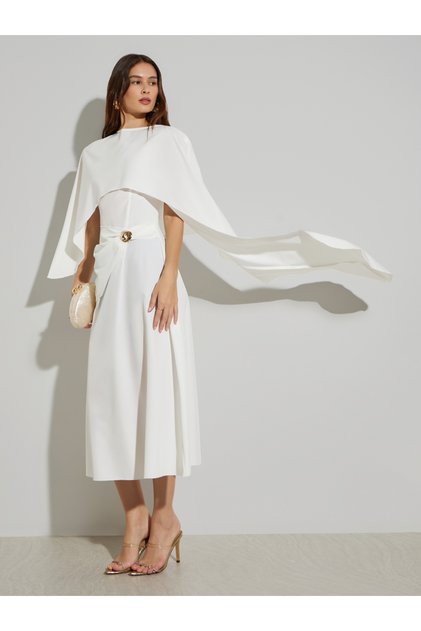 White Cape Sleeve A-Line Midi Dress