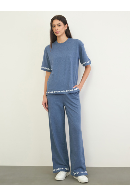 Blue Embroidered Hem Wide Leg Joggers