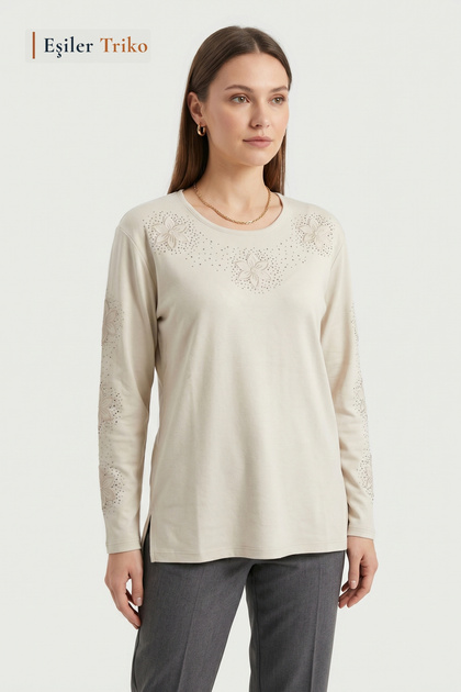 Women's Lily Pattern Collar and Sleeves Embroidered, Stoned Mother Combed Cotton Blouse