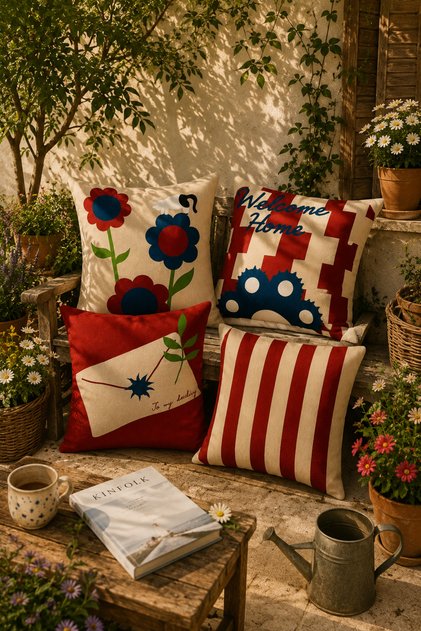 Red Cream Striped and Floral Patterned Decorative Throw Pillow Cover Set of 4 Modern Bohemian Design (Double Sided)
