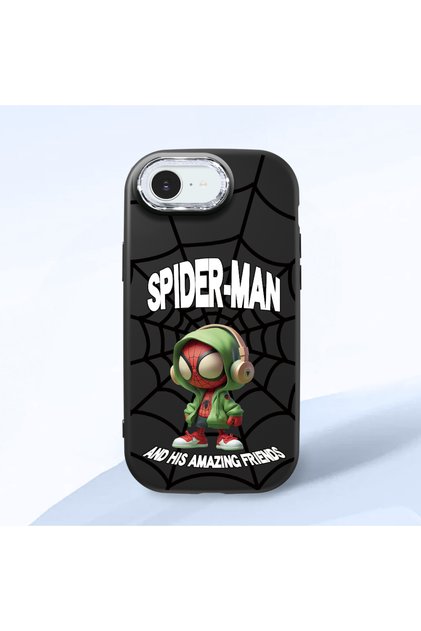 iPhone 16E Compatible Case with Camera Protector Black Silicone Couple Phone Case Spiderman Patterned