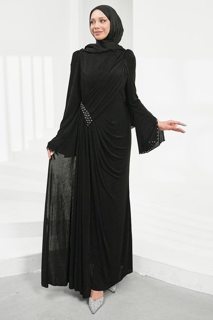 Black Waist Gathered Stone Evening Dress