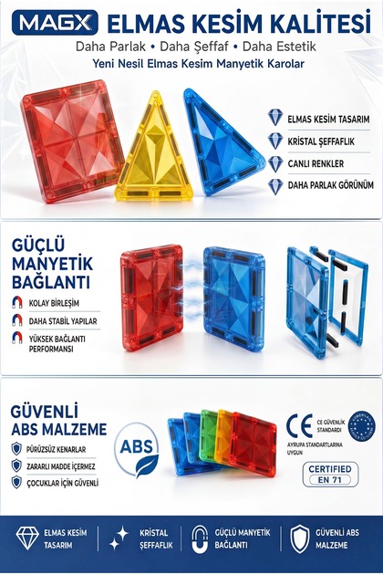 MagX 72 Parça Elmas Kesim Manyetik Yapı Blokları, Mıknatıslı Karo