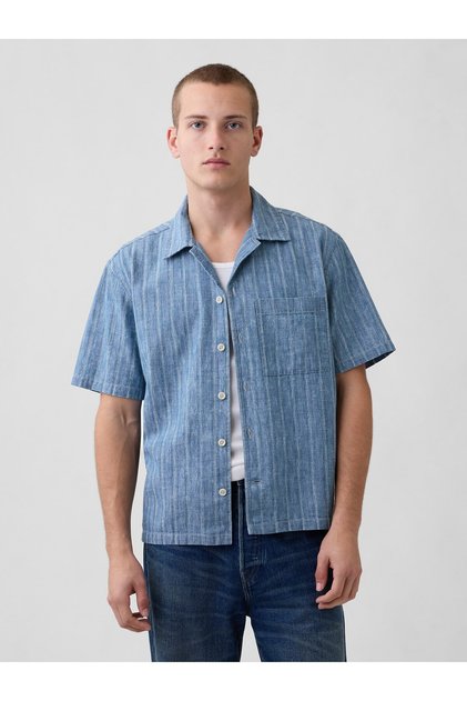 Erkek Mavi Denim Dobby Resort Gömlek