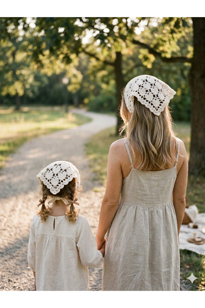 Hand Knitted Heart Motif Bandana - Mother-Daughter Combination Set