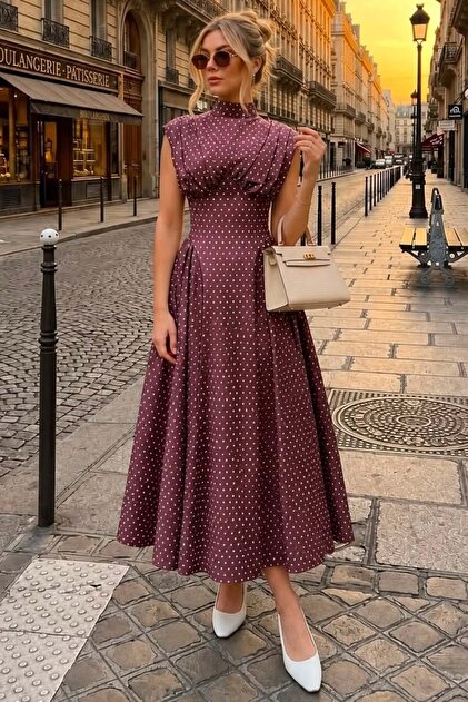 burgundy polka dot midi dress Polka Dot Chiffon Wrap Midi Dress