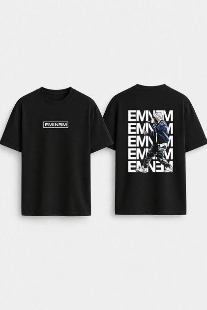 Eminem Printed Crew Neck Oversize Black T-Shirt