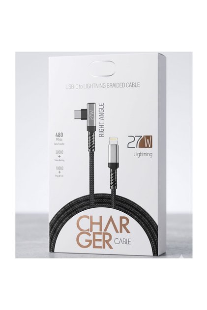 27W PD Hızlı Şarj Destekli 90 Derece L Tipi USB-C To Lightning Örgülü Şarj Kablosu Premium Örgülü Type-C - Lightning Şarj Kablosu 27W Hızlı Şarj