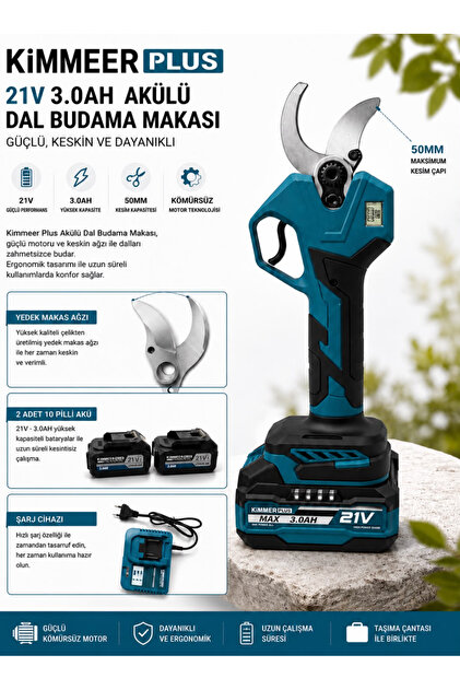 KİMMEER PLUS 21V Çift Akülü 50 mm Ağaç Odun Dal Kesme Makinesı
