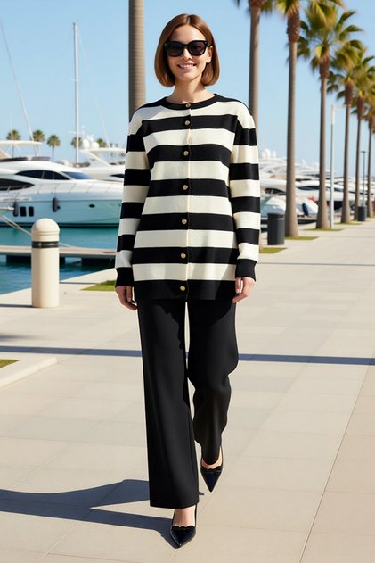Women's Plus Size Striped Buttoned Knitwear Cardigan Oversize Cut Long Sleeve Casual Comfortable Daily Set