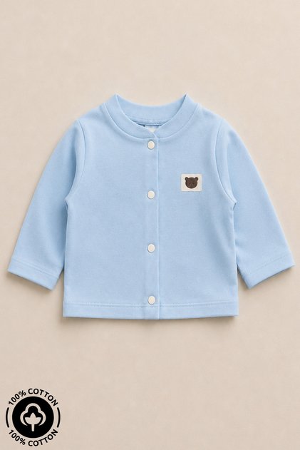 Unisex Baby Teddy Bear Crest Detailed 100% Cotton 3-12 Months Seasonal Combed Cotton Baby Cardigan
