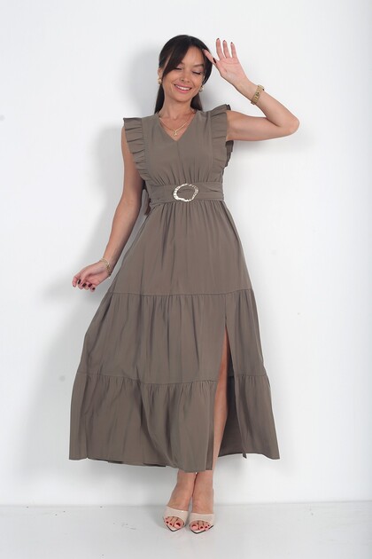Women's V-Neck Ruffled Modal Midi Dress with Gipeli Buckle Detail at the Waist