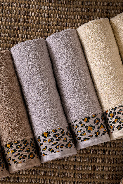 6-Piece Leopard Patterned 30X50 cm Kitchen - Hand Towel Set | 100% Cotton Drying Towel | Stylish Bordering and High Absorbency