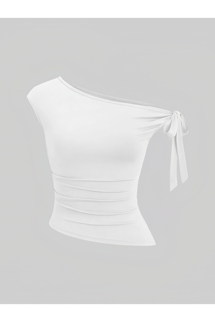 White One Shoulder Knot-Detail Top