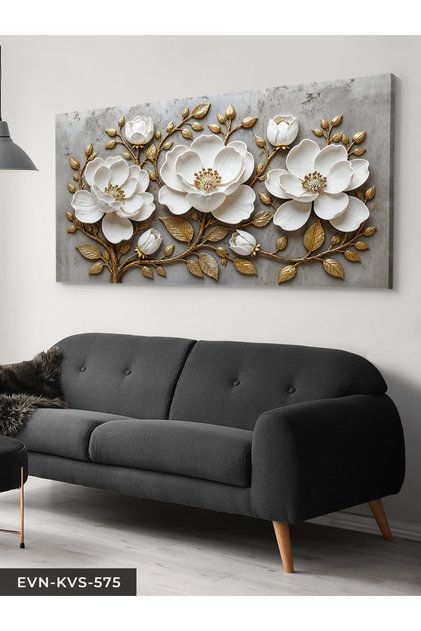 White Flower with Gold Leaves One Piece Canvas - Canvas Painting