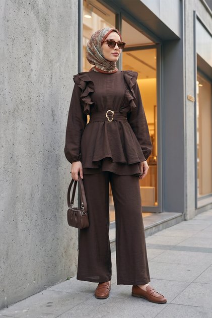 Ruffle Detail Tunic Pants Voile Bottom Top Set - Brown - K. Brown