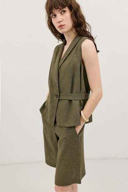 Khaki Linen Blend Double-Breasted Women's Vest