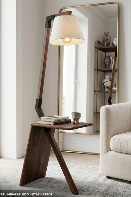 Brown White Beyaz Şapkalı Ahşap Sehpalı Lambader
